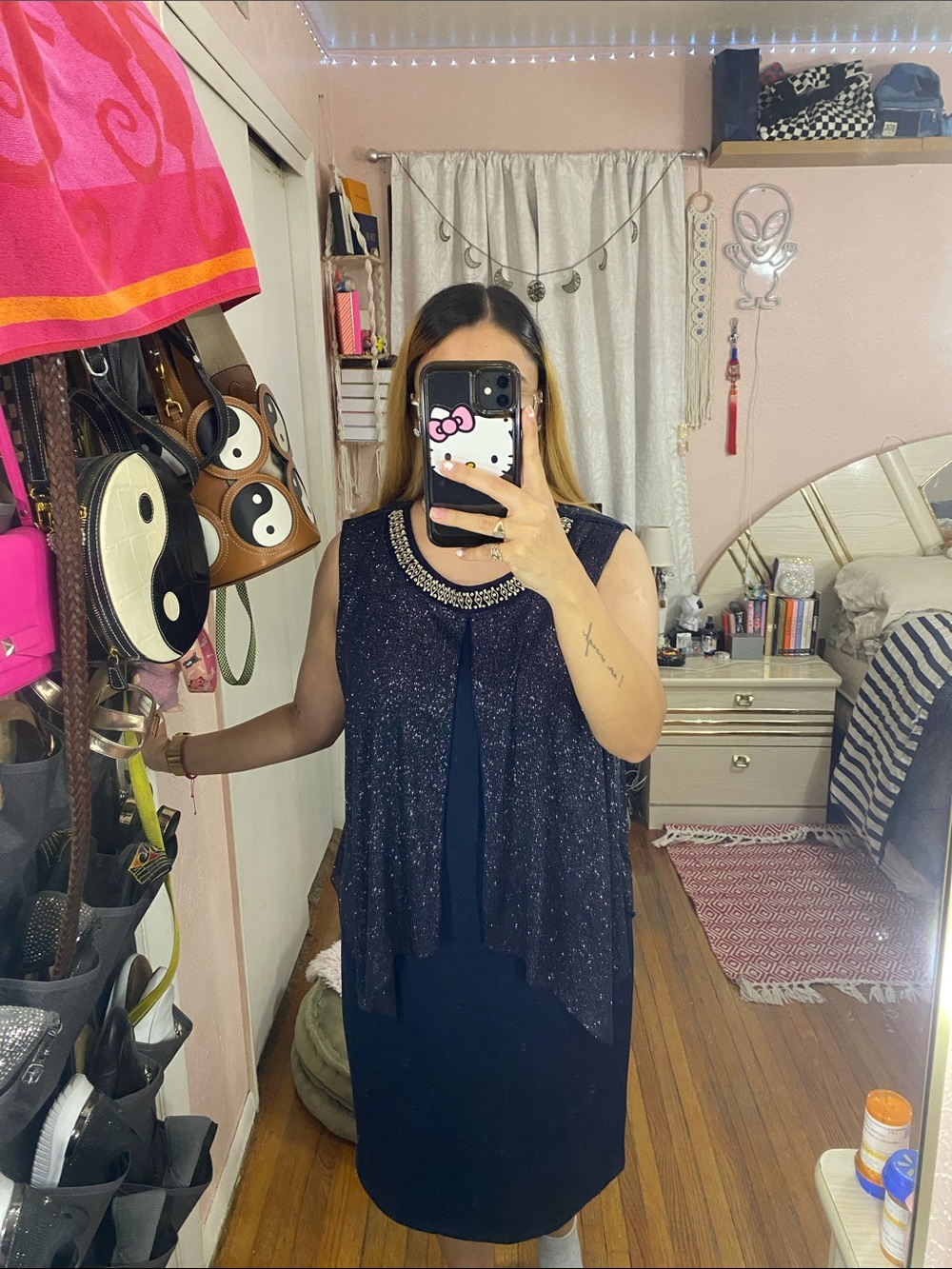 Enfocus Studio Navy Sparkle Knit Dress with Beaded Neckline